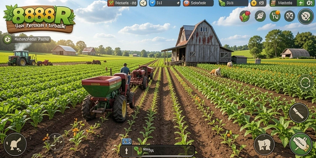 Screenshot menampilkan gameplay <strong>888R</strong> dengan aktivitas bertani yang seru.